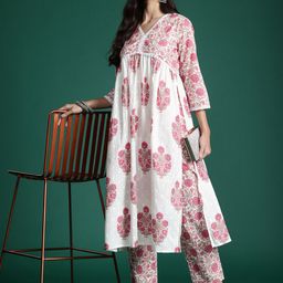 Indo Era Women Floral Printed Empire Pure Cotton Kurta with Trousers-43