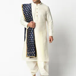 DEYANN Men Off-White & Navy Blue Solid Kurta with Dhoti Pants & Dupatta-picture-18