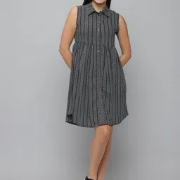SHOWOFF Women Navy Blue Printed Shirt Dress-image-87