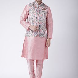 Hangup Men Pink Solid Kurta Set with Nehru Jacket-34