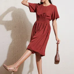 DENNISON Rust Crepe Fit & Flare Smocked Dress-picture-7