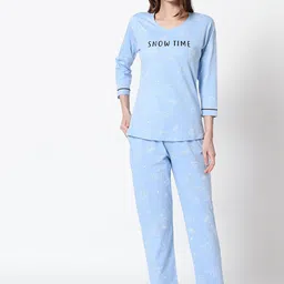 Zeyo Women Blue Printed Self Design Night Suits-image-40