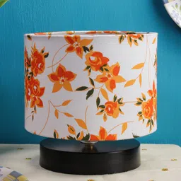 Devansh White & Orange Drum Designer  Printed Cotton Shade Table Lamp with  Base-3