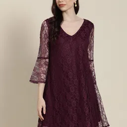 Qurvii Floral Bell Sleeve Net A-Line Dress-image-93