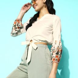 Sangria White & Green Floral Print Puff Sleeves Crepe Crop Top With Tie-Ups Detail-image-21