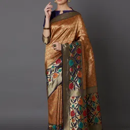 Mitera Mustard Yellow & Navy Blue Silk Blend Woven Design Kanjeevaram Saree-image-39