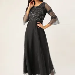 Antheaa Women Charcoal Grey Embellished Net Maxi Dress-picture-35