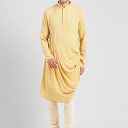 KISAH Men Yellow & Off-White Solid Kurta with Churidar-50