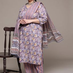 Readiprint Fashions Plus Size Floral Printed Sequinned Pure Cotton Kurta Set-17