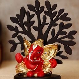 eCraftIndia Gold-Plated Red & Black Wooden Base Handcrafted Kaan Ganesha Idol With Tree Showpiece-image-24