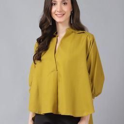 Bani Women Mustard Mandarin Collar Shirt Style Top-image-6