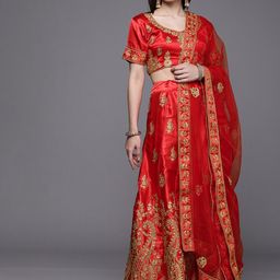 Mitera Red & Gold-Toned Embroidered Semi-Stitched Lehenga & Unstitched Blouse With Dupatta-18