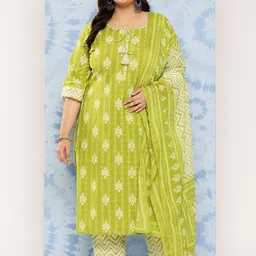 EXTRA LOVE BY LIBAS Plus Size Ethnic Motifs Printed Cotton Kurta with Trousers & Dupatta-52