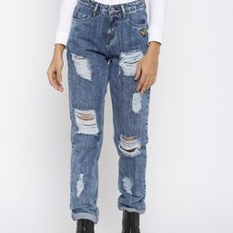 Kook N Keech Women Blue Boyfriend Fit Mid-Rise Highly Distressed Jeans-image-11