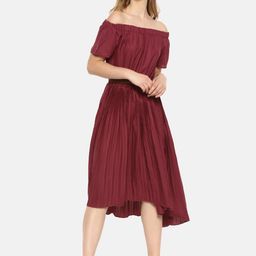 Campus Sutra Maroon Off-Shoulder Belted Crepe Midi Dress-image-4