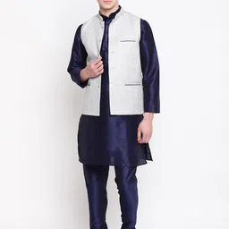 MAG Men Navy Blue Solid Kurta with Churidar & Nehru Jacket-picture-18