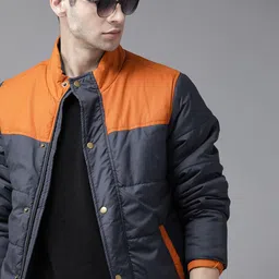Roadster Men Navy Blue & Orange Colourblocked Padded Jacket-image-21