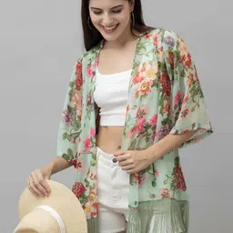 PURYS Floral Printed Tasselled Longline Open Front Shrug-9
