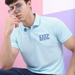 HIGHLANDER Men Turquoise Blue Polo Collar Slim Fit T-shirt-image-79