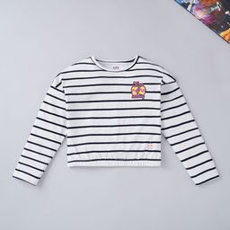 Ed-a-Mamma Girls White & Navy Blue Printed Striped T-shirt-image-16