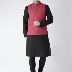 KISAH Men Charcoal & Pink Solid Kurta with Churidar & Nehru Jacket-26