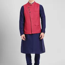 KISAH Men Navy Blue & Pink Solid Kurta with Churidar & Nehru Jacket-27