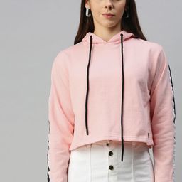 Campus Sutra Women Pink Hooded Pullover Cropped Sweatshirt-image-21