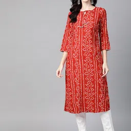 PIROH Women Red & White Bandhani Print Gotta Patti Straight Kurta-image-36