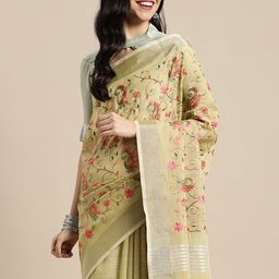 SANGAM PRINTS Yellow Floral Woven Design Linen Blend Saree-image-16