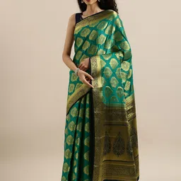 MIMOSA Green & Gold-Toned Poly Crepe Woven Design Mysore Silk Saree-picture-44
