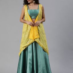 Ethnovog Turquoise Blue Solid Made to Measure Lehenga with BlouseEthnic Jacket-image-70