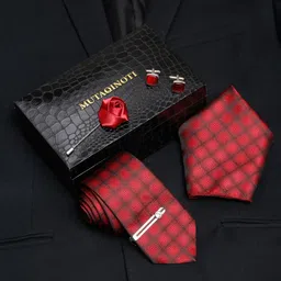 MUTAQINOTI Men Checked Silk Formal Accessory Gift Set-38