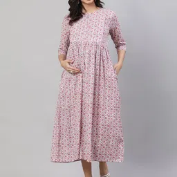 Nayo Off White Floral Printed Maternity Cotton A-Line Midi Dress-image-11