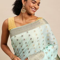 Leeza Store Blue & Golden Ethnic Motifs Zari Banarasi Saree-image-24