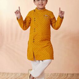 Manyavar Boys Mustard Yellow Embroidered Angrakha Thread Work Kurta with Pyjamas-image-56