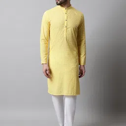 Jompers Men Yellow & White Self Design Kurta with Pyjamas-16