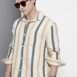 The Indian Garage Co Textured & Striped Pure Cotton Relaxed Fit Casual Shirt-image-71