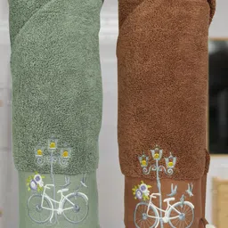 RANGOLI Brown & Green 2 Pieces Pure Cotton Bath Towels-30