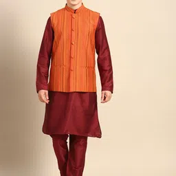 Anouk Men Maroon Solid Straight Sustainable Kurta Pyjamas & Woven Nehru Jacket-image-99