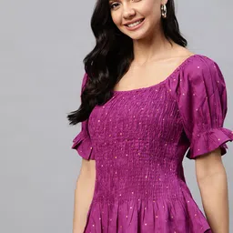 HERE&NOW Purple & Yellow Puff Sleeve Smocked A-Line Top-image-24