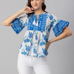Moomaya Blue Print Tie-Up Neck Bell Sleeve Cotton Top-image-96