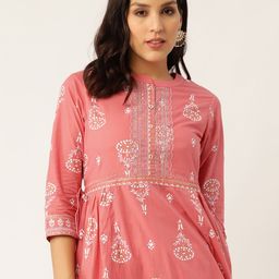 Sangria Women Pink & White Floral Khari Print Embroidered Anarkali Kurta with Palazzos-26