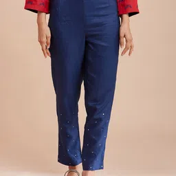 W The Folksong Collection Women Blue Embroidered Trousers-image-71