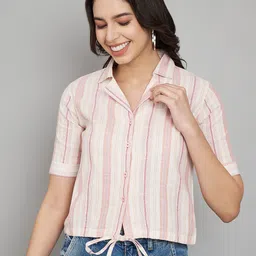 Fab Star Striped Cuban Collar Cotton Shirt Style Top-image-39