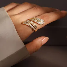 Rubans 18K Gold Plated Cubic Zirconia Studded Leaf Design Adjustable Openable Ring-image-7