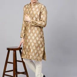 SOJANYA Men Brown & Off-White Self Design Angrakha Kurta with Churidar-picture-11