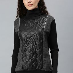 Campus Sutra Women Charcoal Grey & Black Colourblocked Turtle Neck Sweatshirt-image-55