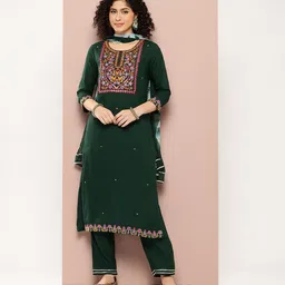 PARTHVI Floral Embroidered Mirror Work Kurta With Trousers & Dupatta-23