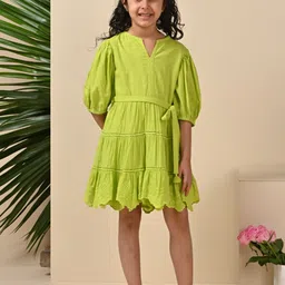 The Tribe Kids Girls Schiffli Knee Length Fit & Flare Puff Sleeve Pure Cotton Casual Dress-image-78