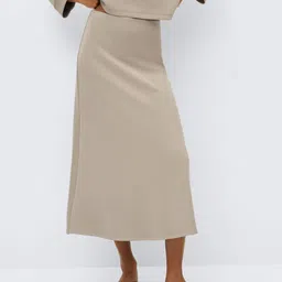 MANGO Brown Solid Midi Sustainable Viscose Skirt-image-32